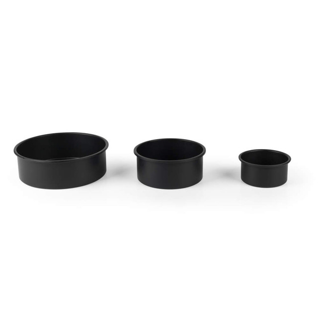 Set of three black round baking tins in small, medium and large sizes