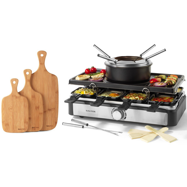 Electric 2-in-1 Raclette Grill & Fondue Maker with Chopping Board Set