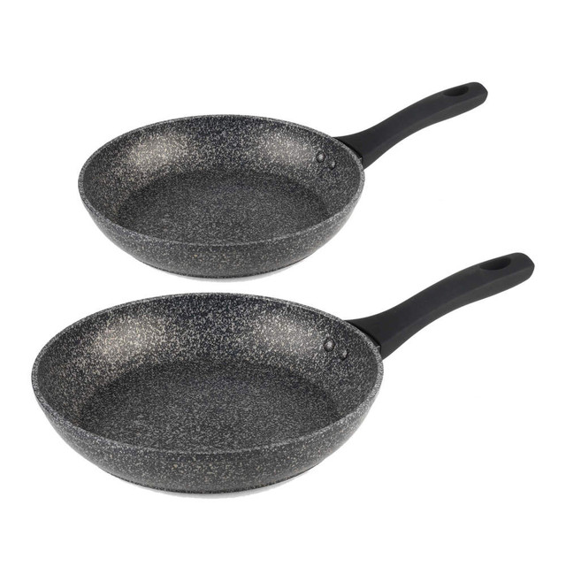 Set of two non-stick grey stone-effect frying pans with black handles