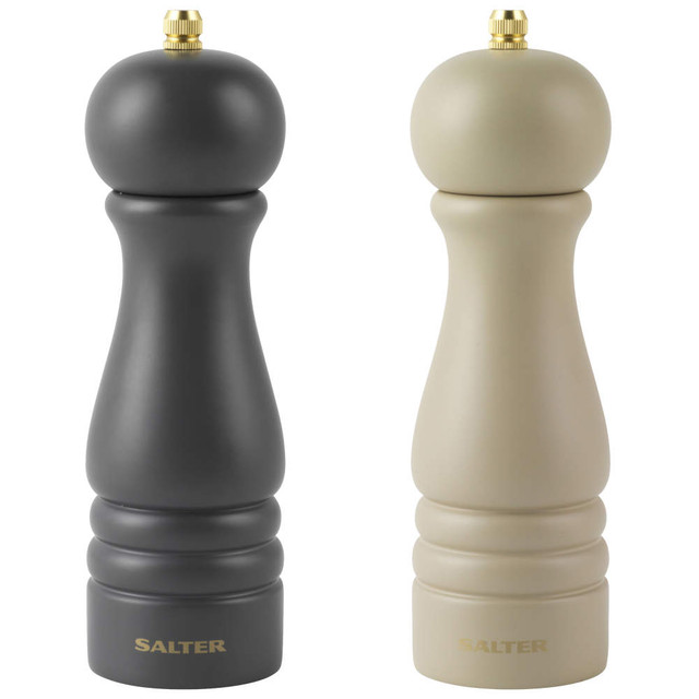 Set of two Salter manual mills, matte black and cream, shown upright