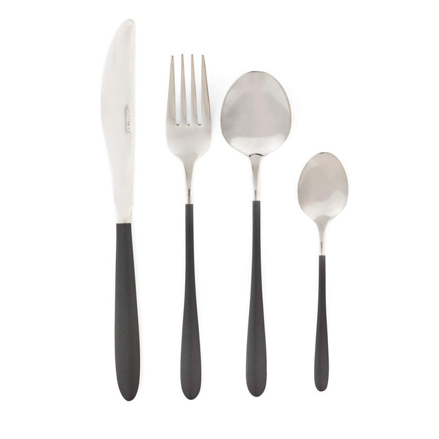 Set of four silver and black cutlery pieces: knife, fork, tablespoon, teaspoon
