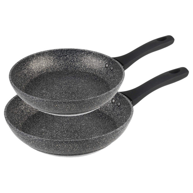 Set of two non-stick grey stone-effect frying pans with black handles, side view