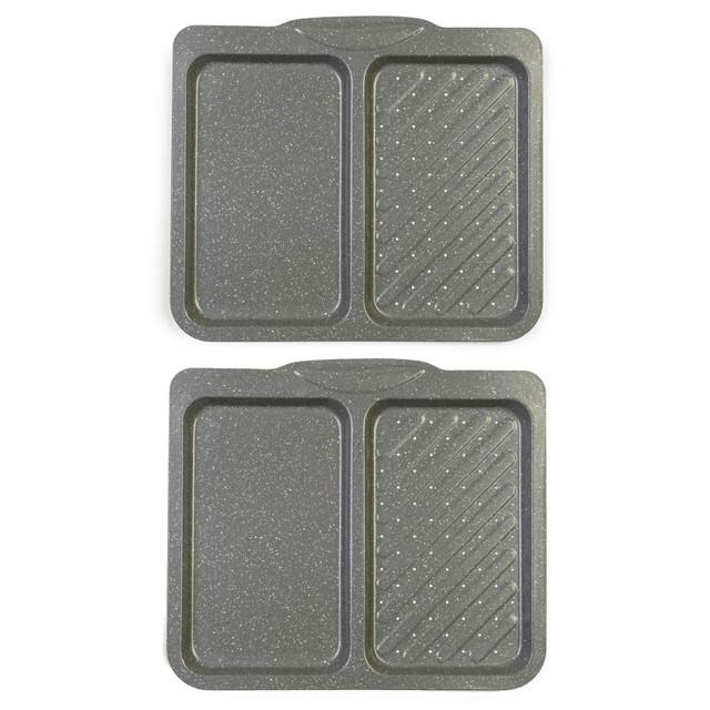 Set of two grey non-stick oven trays, each with separate roasting and ridged grill sections.