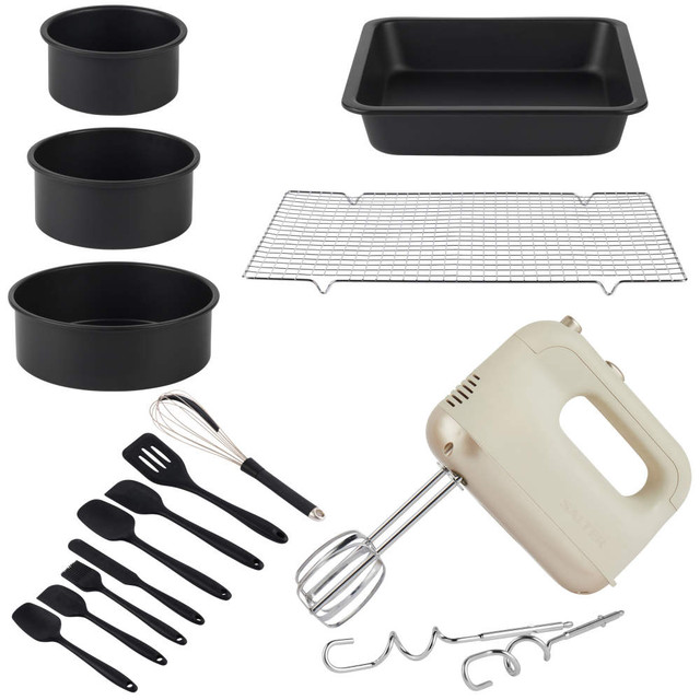 Baking starter set with hand mixer, cake tins, roasting tray, utensils and cooling rack