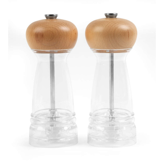 Set of two clear acrylic salt and pepper mills with natural wood tops.