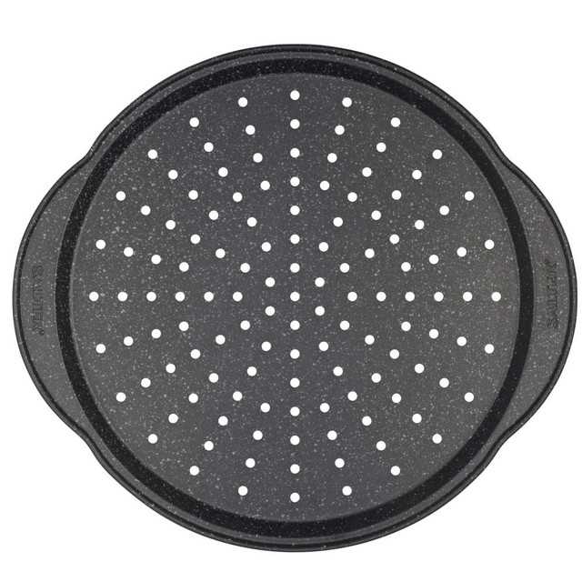 Non-stick black pizza tray with perforated base, shown from above