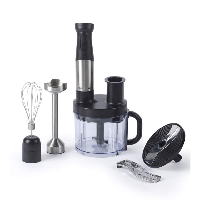 Multi-purpose food processor with whisk, blending stick and grater attachments, black and silver