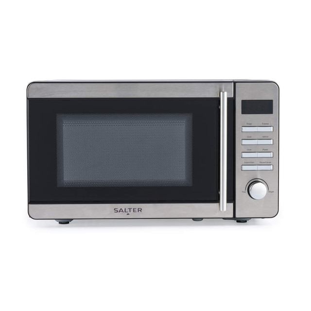 Silver countertop microwave oven with control panel, front view