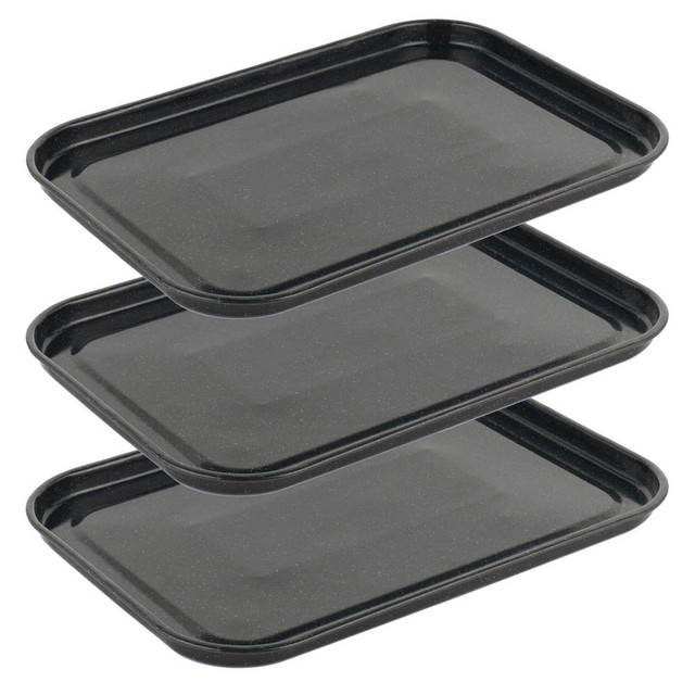 Set of three black rectangular serving trays, shown stacked, with a speckled finish