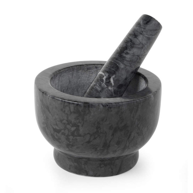 Grey marble pestle and mortar for grinding spices, product image on white background