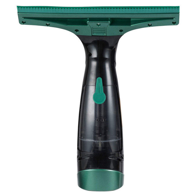 Green and black electric window vacuum cleaner upright, shown on white background