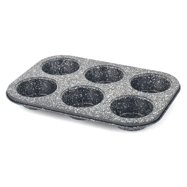 Six-cup speckled non-stick muffin tray, angled view, suitable for UK bakers