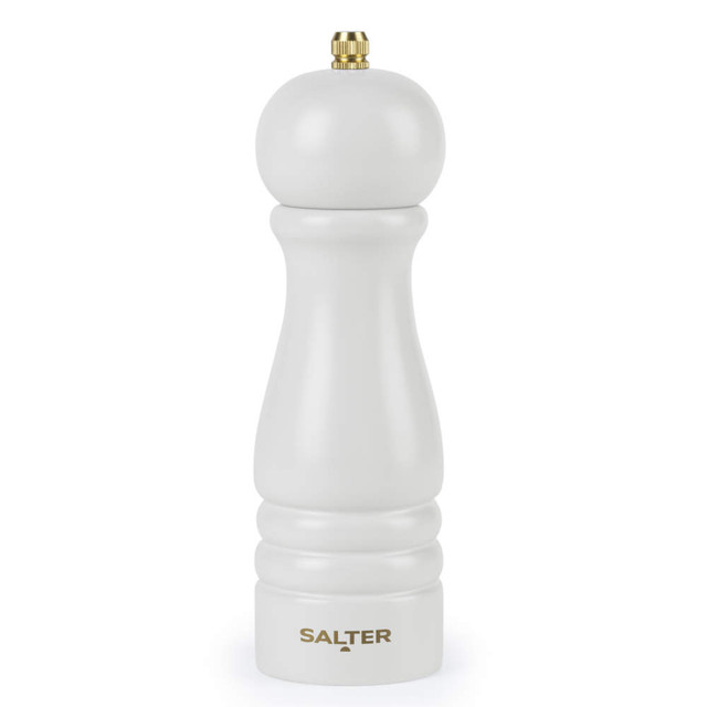 White wooden pepper mill with gold knob and Salter logo, shown upright.
