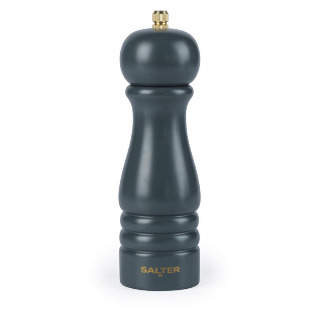 Dark grey wooden pepper mill with gold top, Salter logo on base.
