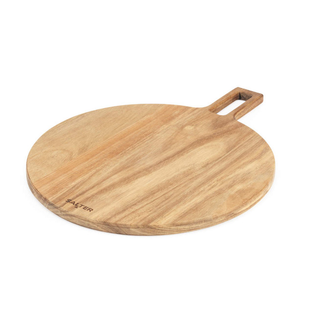 Round wooden serving board with handle, natural finish