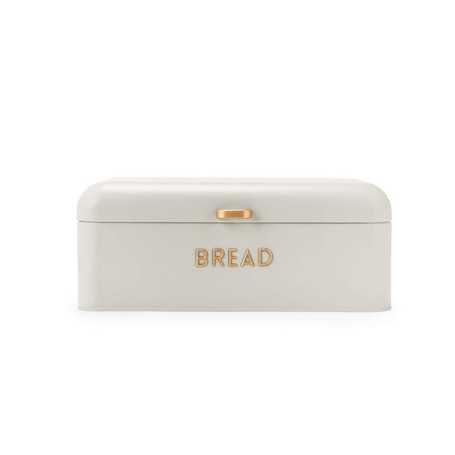 Cream metal bread bin with gold handle and 'BREAD' lettering on front.