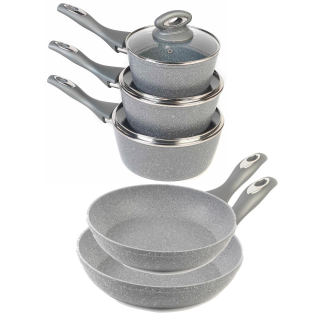 5 Piece Pot and Pan Set, Marblestone Collection, Grey - Salter - PREPACK6440 - 5054061042610
