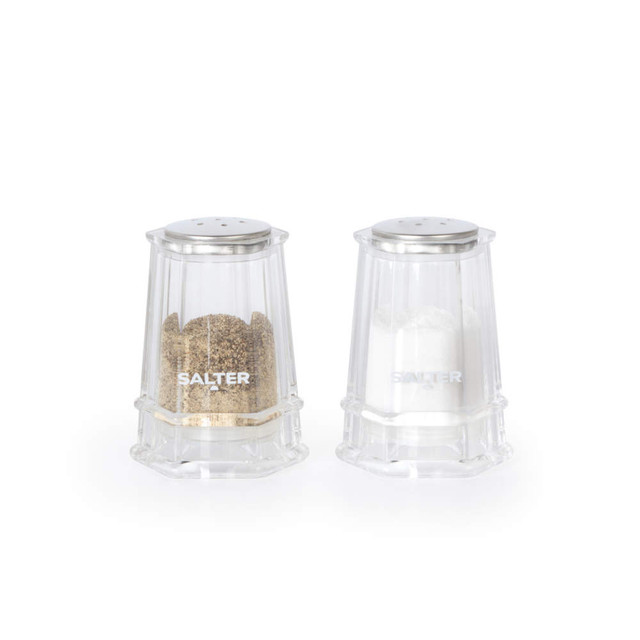 Set of two clear Salter salt and pepper shakers with metal tops