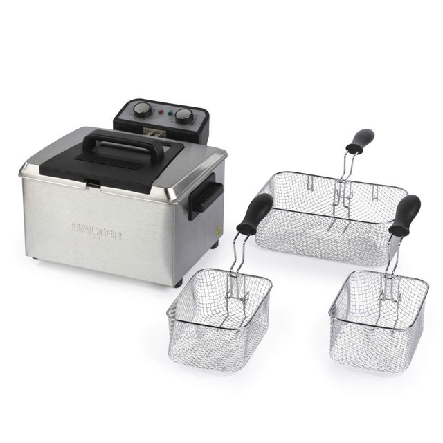 Stainless steel deep fryer with two small baskets and one large basket, shown side by side.