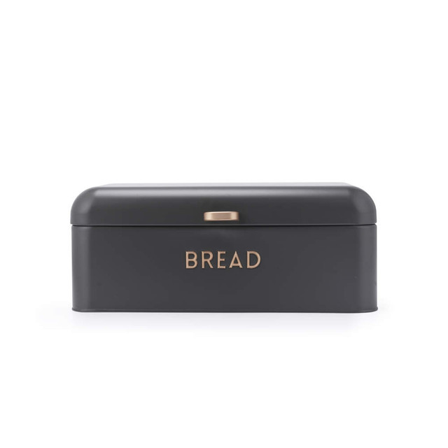 Black metal bread bin with gold handle and 'BREAD' text on front, shown on white background