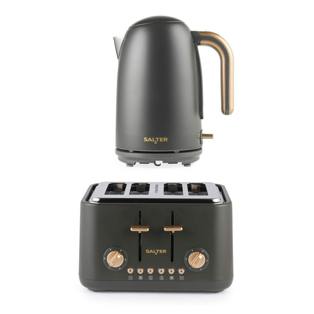 Matte black Salter kettle and 4-slice toaster set with gold accents, product image