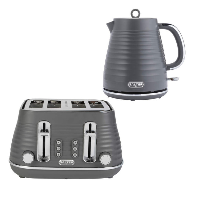 Salter grey kettle and 4-slice toaster set with ribbed design