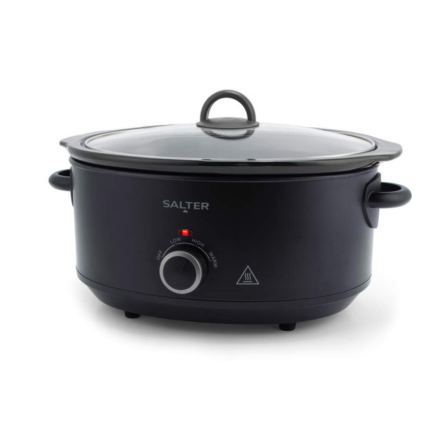 Black Salter electric slow cooker with glass lid and control dial, product image.