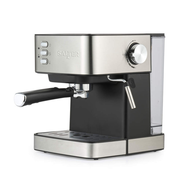 Black and silver espresso coffee machine with steam wand, shown at angle