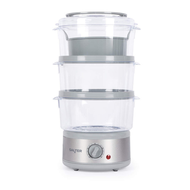 Silver electric food steamer with three clear stackable tiers, front view