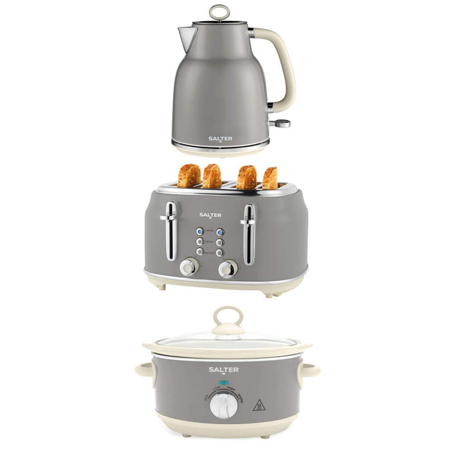 Salter grey and cream kitchen set: kettle, 4-slice toaster with bread, slow cooker