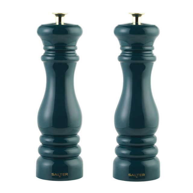 Set of two dark green Salter mills for salt and pepper, with gold tops, on white background