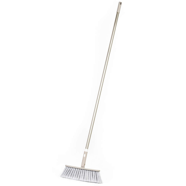 Long handled broom with grey bristles, shown upright on white background
