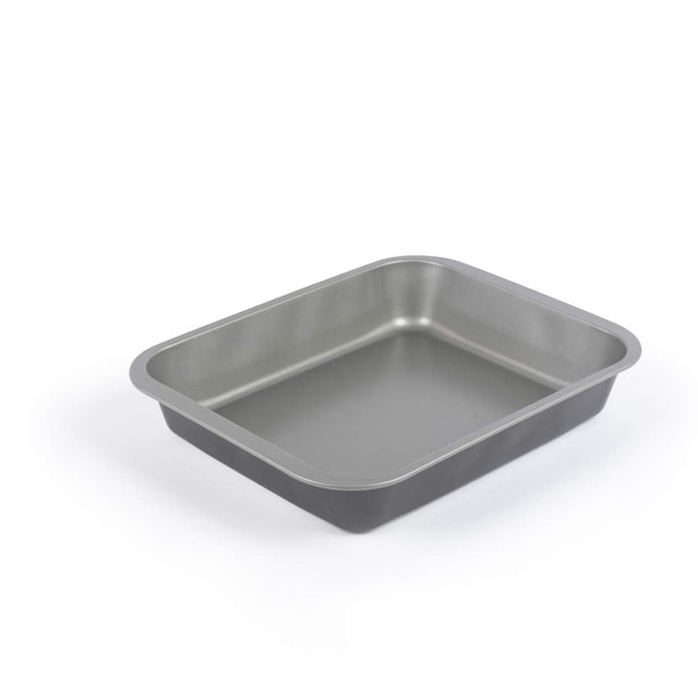 Grey non-stick rectangular roasting tin, shown angled on white background