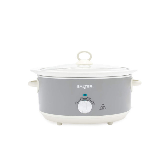 Salter grey slow cooker with glass lid, front dial and side handles, shown from front