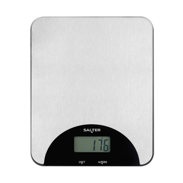 Silver digital kitchen scale with LCD display, showing weight in grams.
