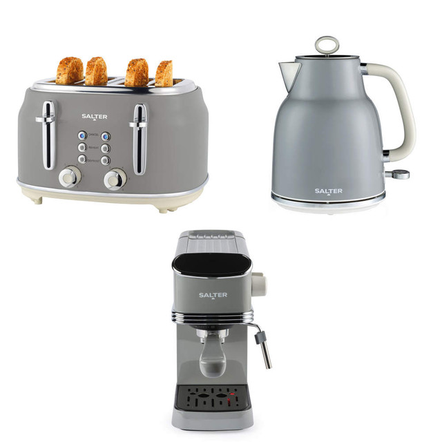 Grey Salter kitchen set with 4-slice toaster, kettle, and espresso machine