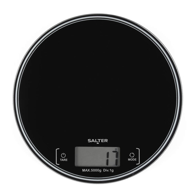 Black round digital kitchen scale with LCD display, shown powered on