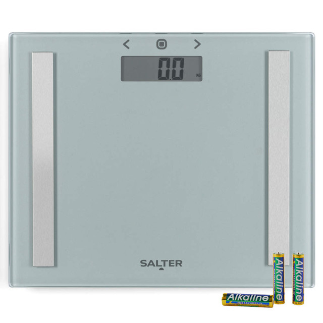 Glass digital bathroom scale with metal strips and batteries included, front view