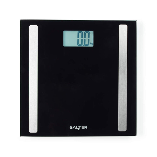 Black digital bathroom scale with silver accents and Salter logo, top view