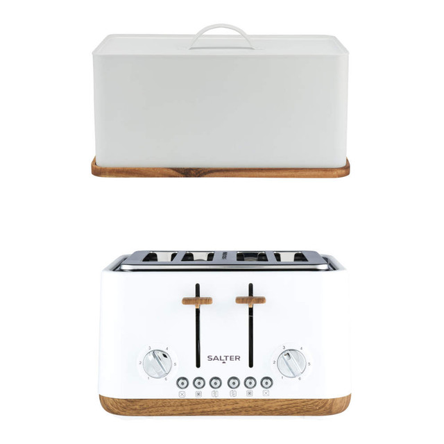 White bread bin with wooden base and matching 4-slice toaster, modern design
