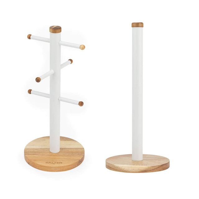 White and wood mug tree and paper towel holder set