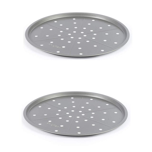 Grey perforated pizza tray, non-stick finish, shown on white background