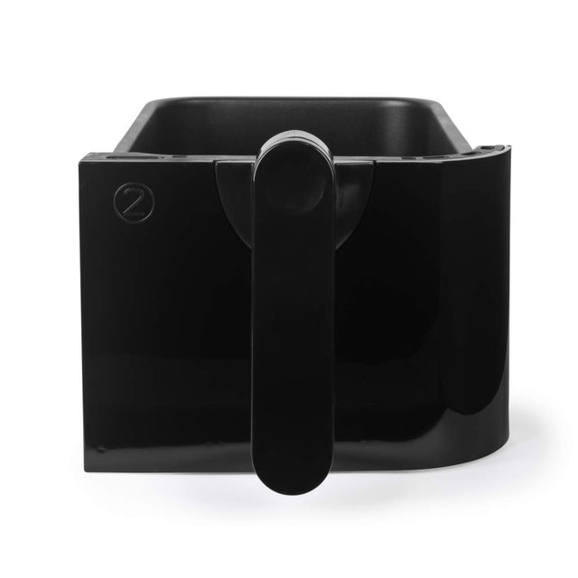 Black air fryer drawer basket shown front-on, with handle visible