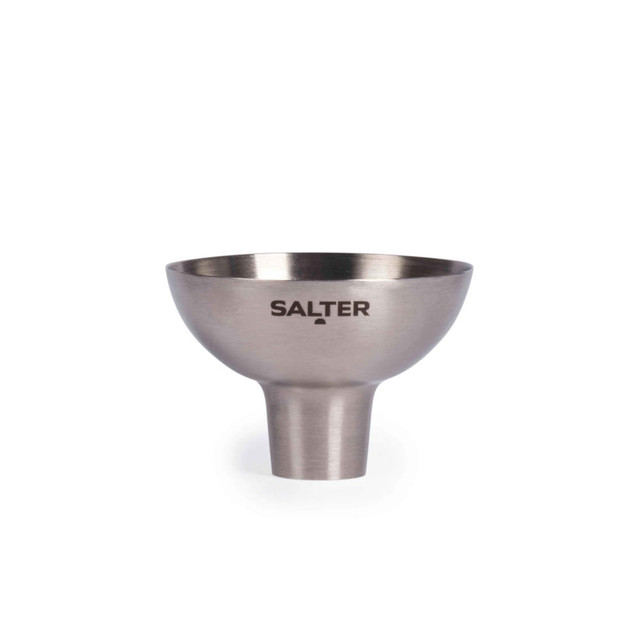 Stainless steel kitchen funnel with Salter logo, shown upright
