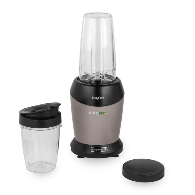 Salter Nutri Pro blender with cup and lid, silver and black, on white background