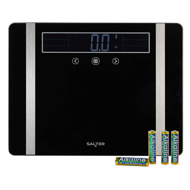 Black digital bathroom scale with Salter branding and 4 AA alkaline batteries included