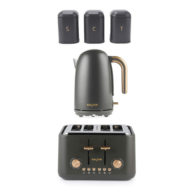 Pebble Kettle, 4-Slice Toaster & Canister Set - Charcoal