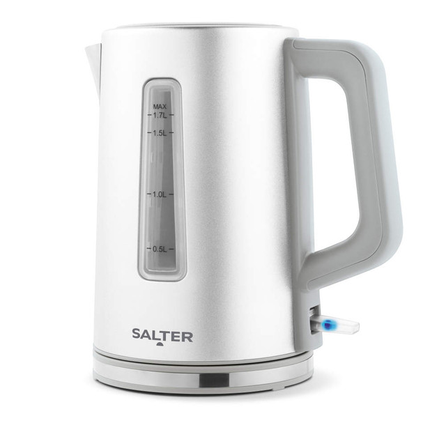 Grey electric kettle, 1.7L capacity, side water gauge, Salter brand, product image