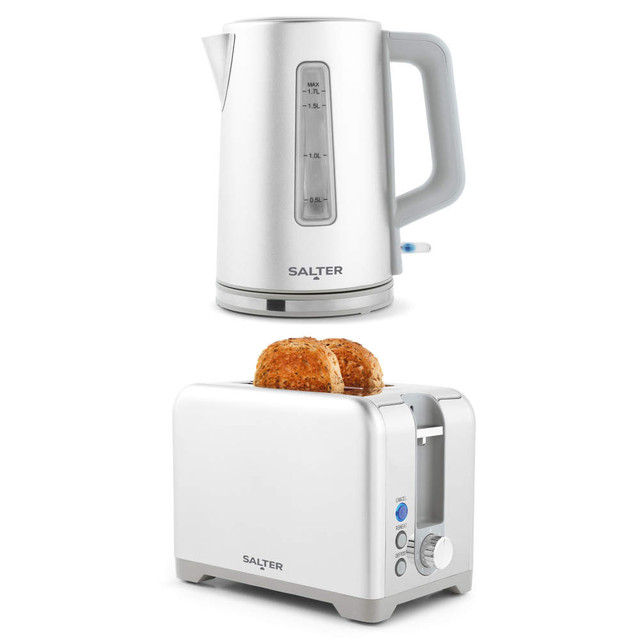 Salter silver kettle and toaster set, toaster with bread slices, countertop image