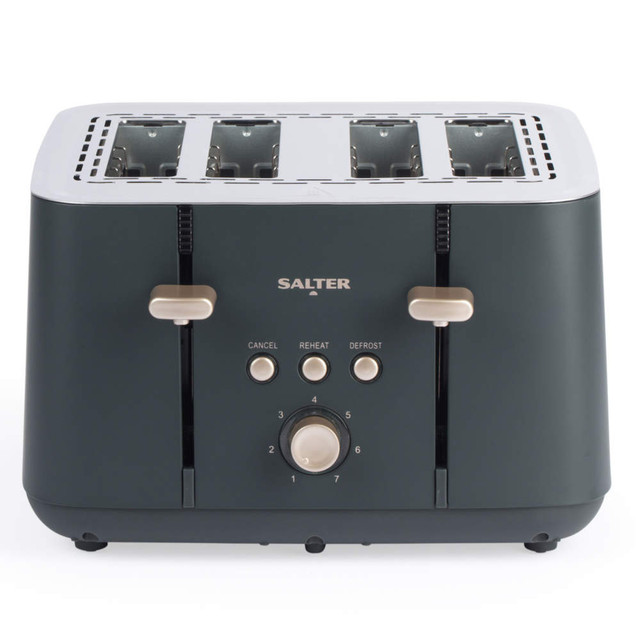 Salter grey four-slice toaster with cancel, reheat and defrost buttons, front view